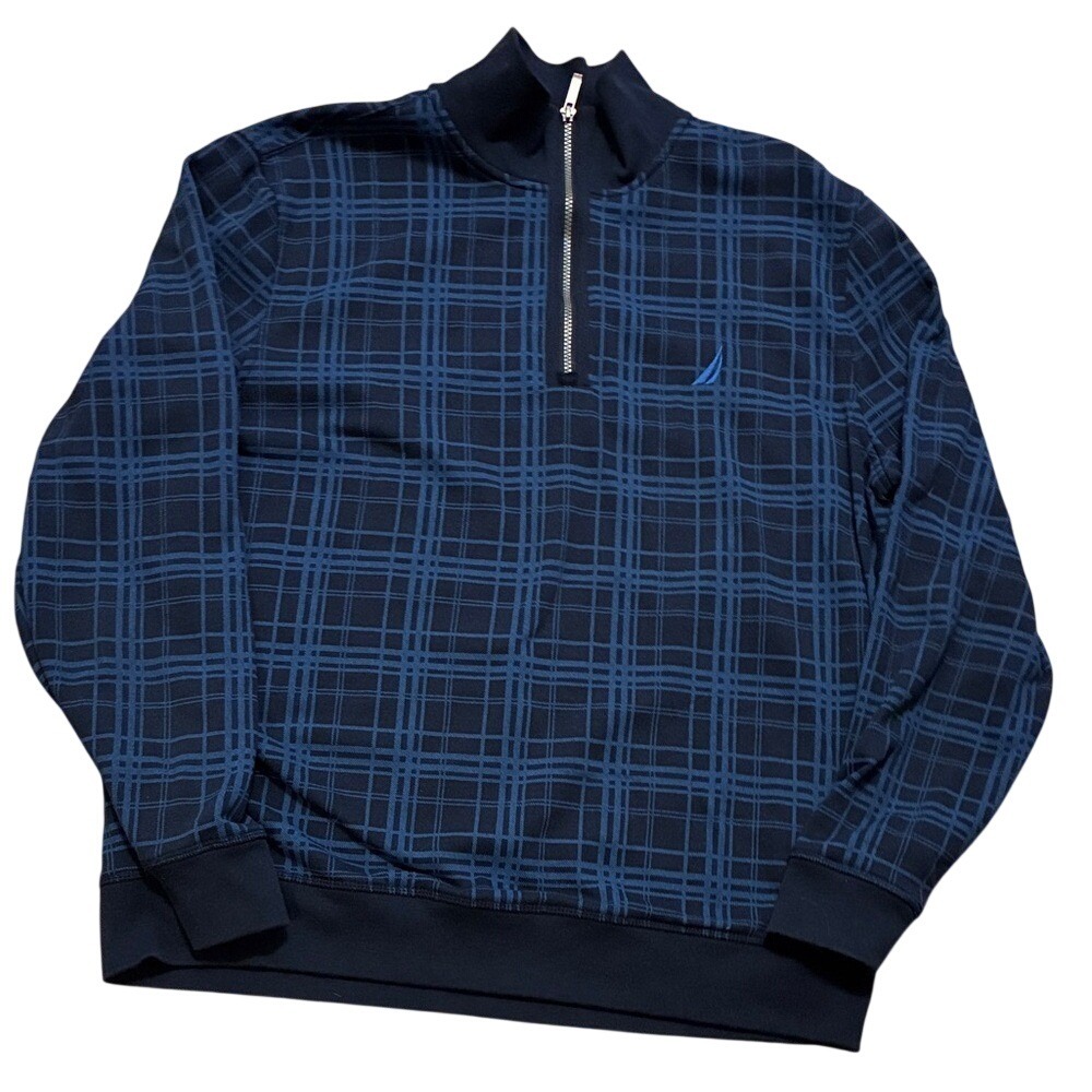 Nautica Blue Windowpane Plaid Quarter Zip Sweater XL